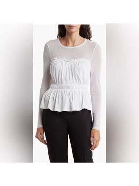 BCBG NWT Mixed Media Sheer and Opaque White Peplum Top Sz Extra Small $78